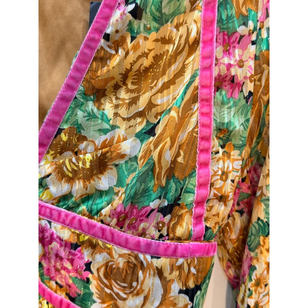 NWT Nasty Gal Floral Bell Sleeve Mini Dress Mustard Pink Velvet Trim Boho Size 2 - Picture 2 of 8
